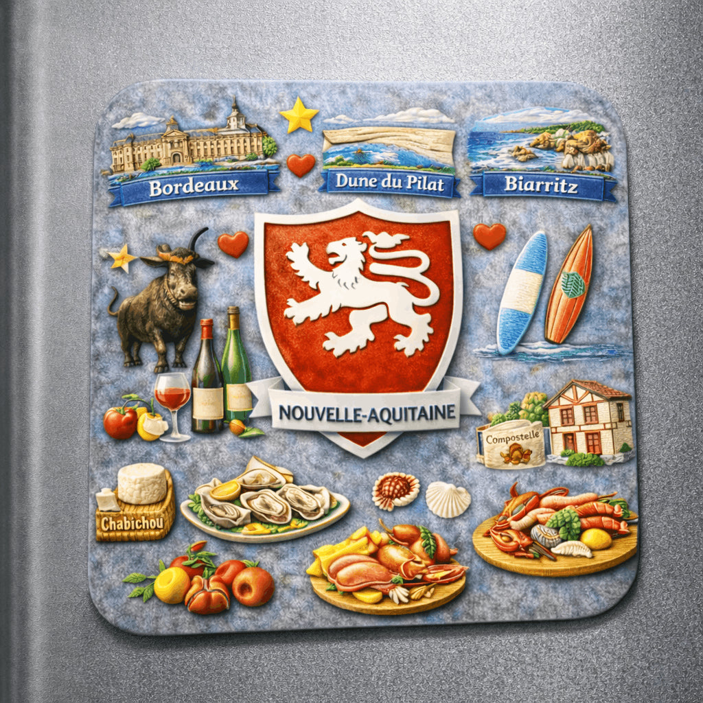 magnet nouvelle aquitaine sur refrigerateur region sud ouest 6x6 cm