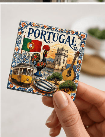 Magnet Portugal 6 cm tenu en main, finition brillante