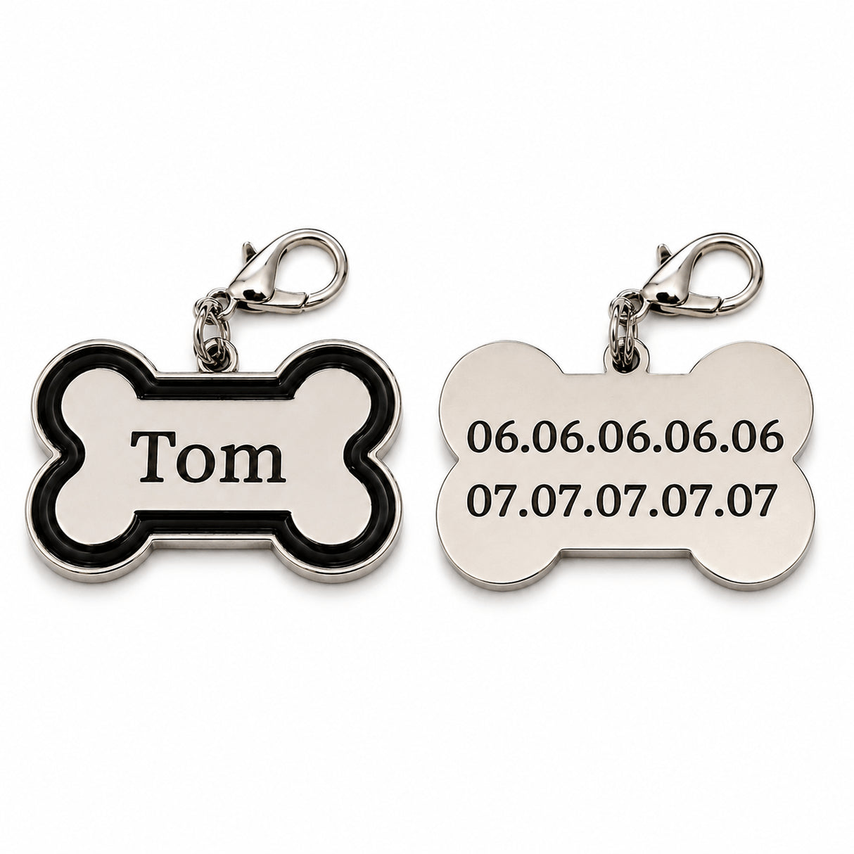 Médaille chien os recto prénom Tom et verso deux numéros de téléphone gravés sur fond blanc