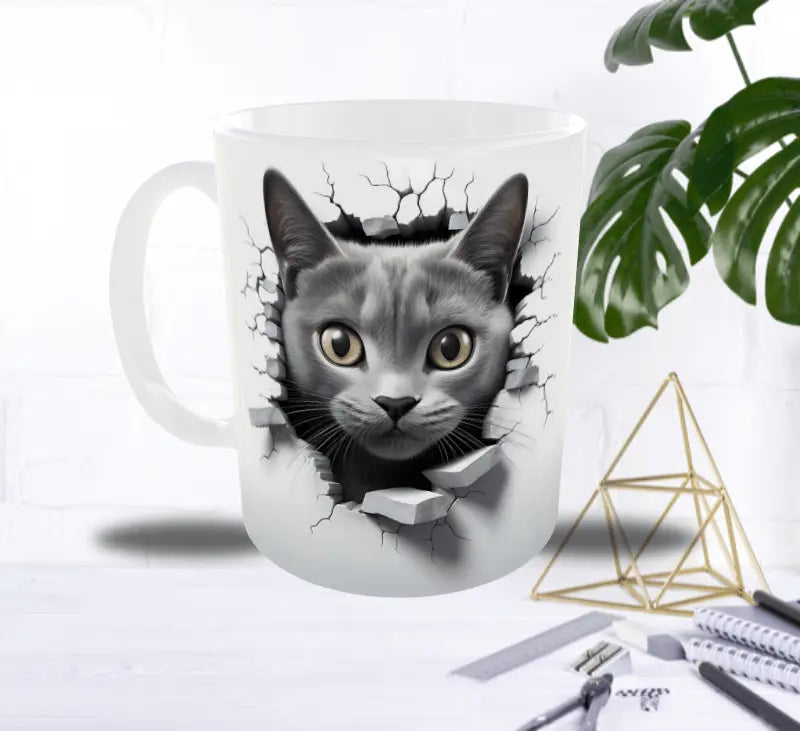Mug Chaton Gris 3D – Le Chat qui Traverse le Mur Sublimation Store