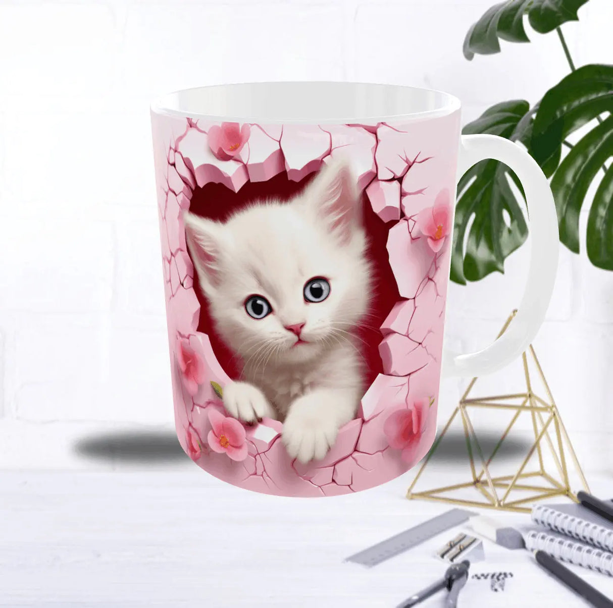 Mug “Chaton Mur Rose” – Effet 3D Craquelé & Fleurs – Céramique Sublimation Store
