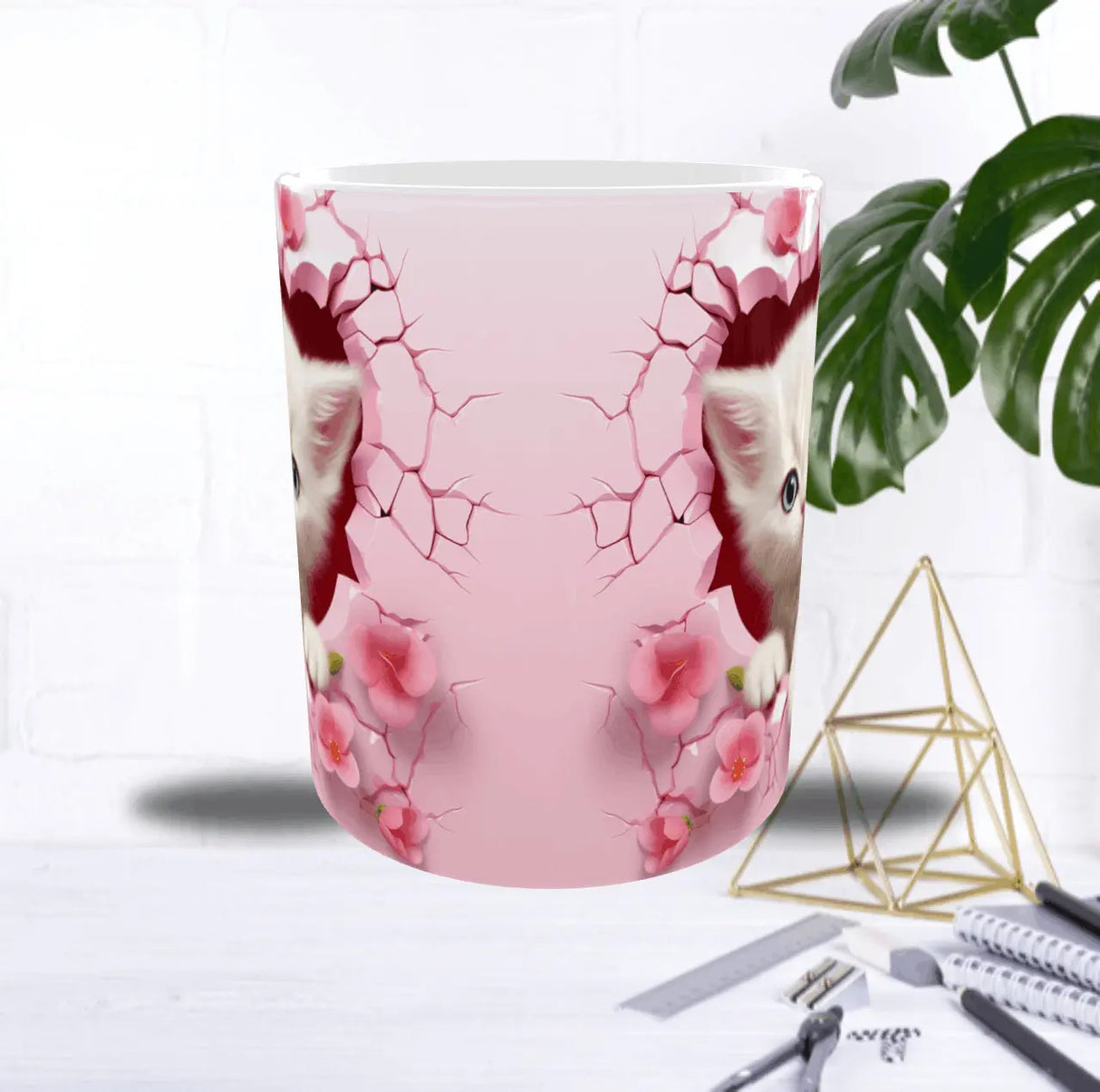 Mug “Chaton Mur Rose” – Effet 3D Craquelé & Fleurs – Céramique Sublimation Store