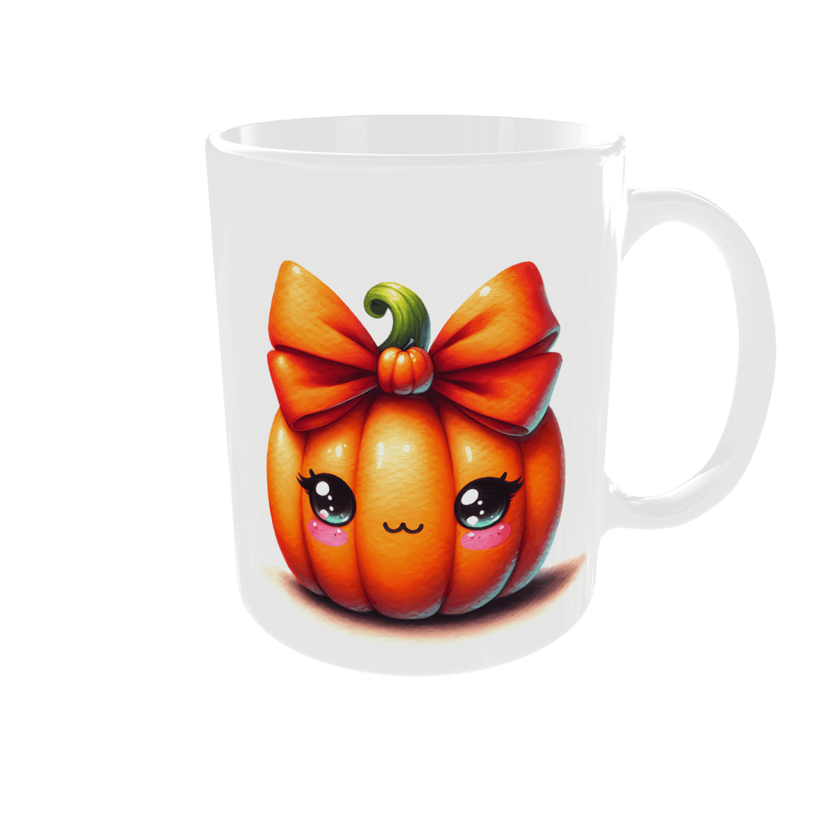 Mug citrouille kawaii aux grands yeux et joues roses, anse à droite, mug céramique blanc 11 oz pour l'automne