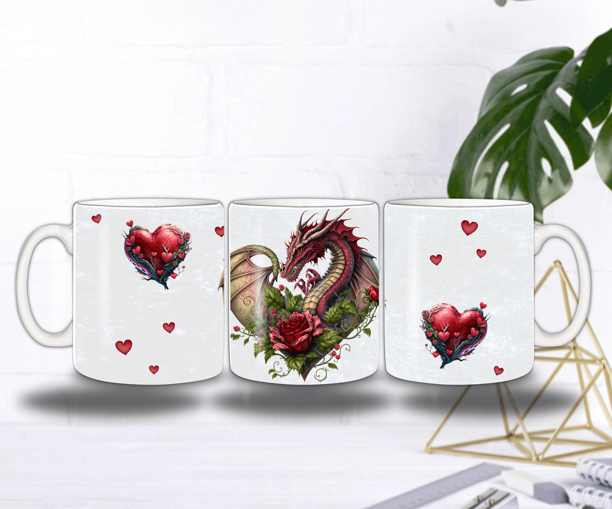 Design complet panoramique du mug Dragon Cœur déplié montrant l'illustration fantastique intégrale pour la Saint-Valentin.
