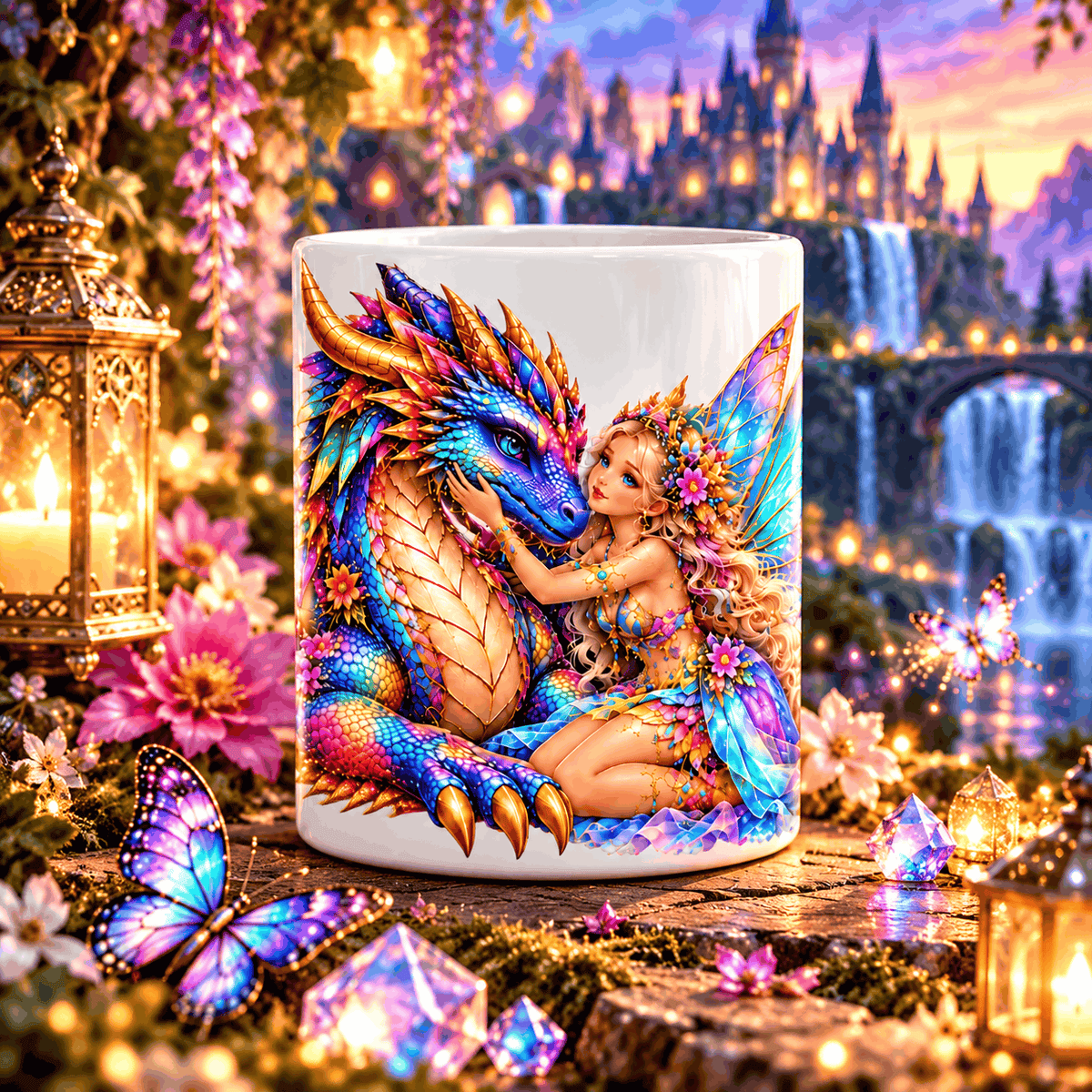 Mug dragon et fée posé dans un jardin enchanté avec lanternes, papillons, cristaux et château au coucher du soleil