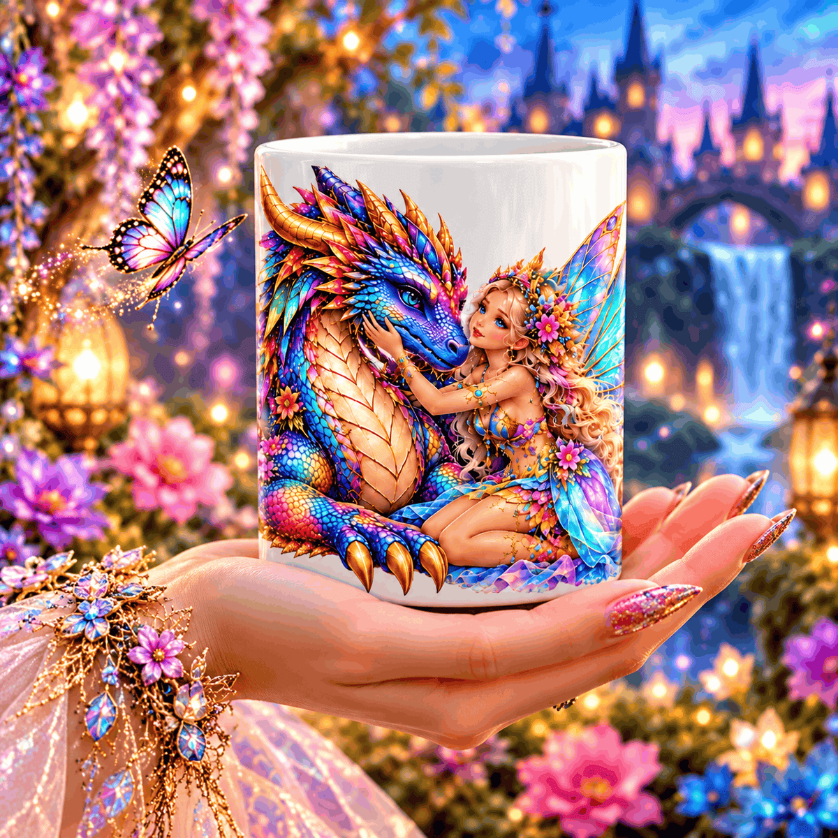 Mug dragon et fée tenu dans la paume d’une main aux ongles pailletés, décor de fleurs, papillon et château féerique