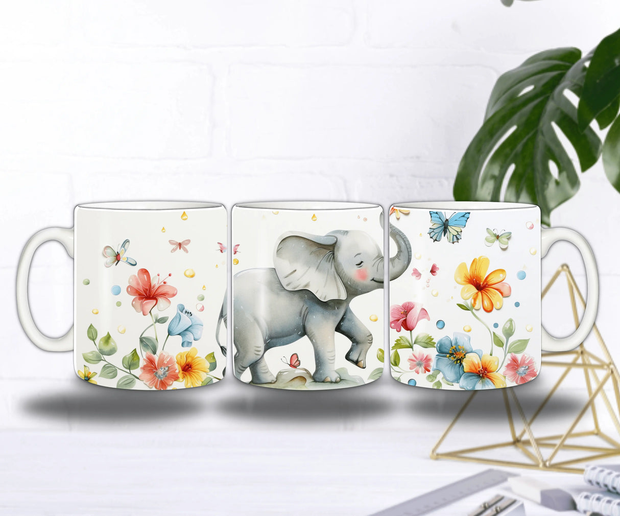 Mug Éléphanteau Joyeux – Petit Éléphant Gambadant parmi Fleurs et Papillons Sublimation Store