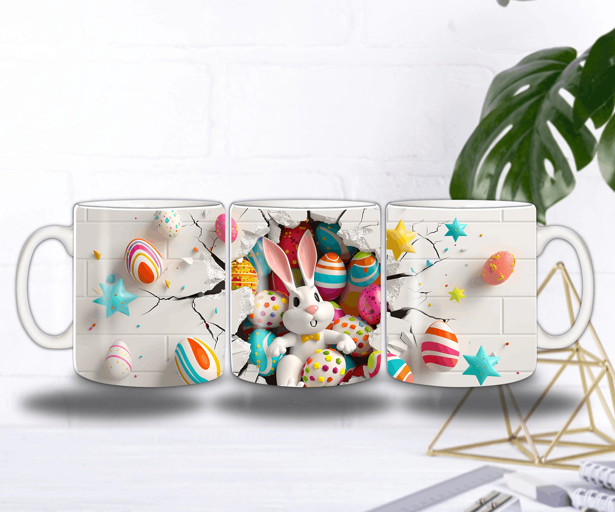 Mug Enfant Lapin de Pâques 3D “Mur Cassé” 11 oz – Œufs Colorés & Étoiles Sublimation Store
