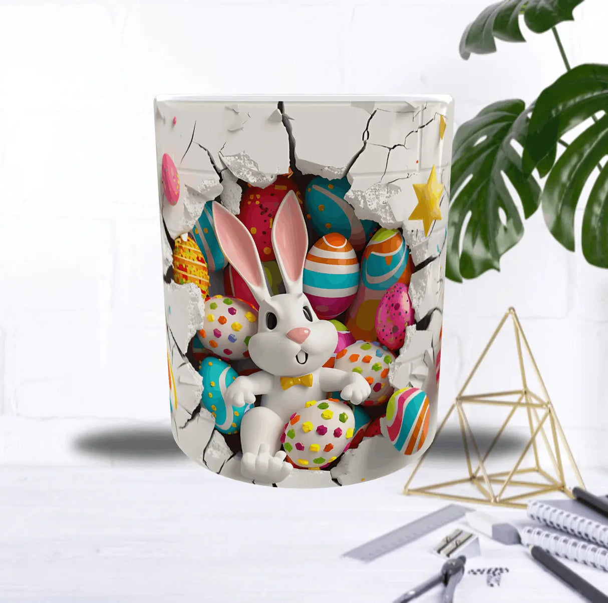 Mug Enfant Lapin de Pâques 3D “Mur Cassé” 11 oz – Œufs Colorés & Étoiles Sublimation Store
