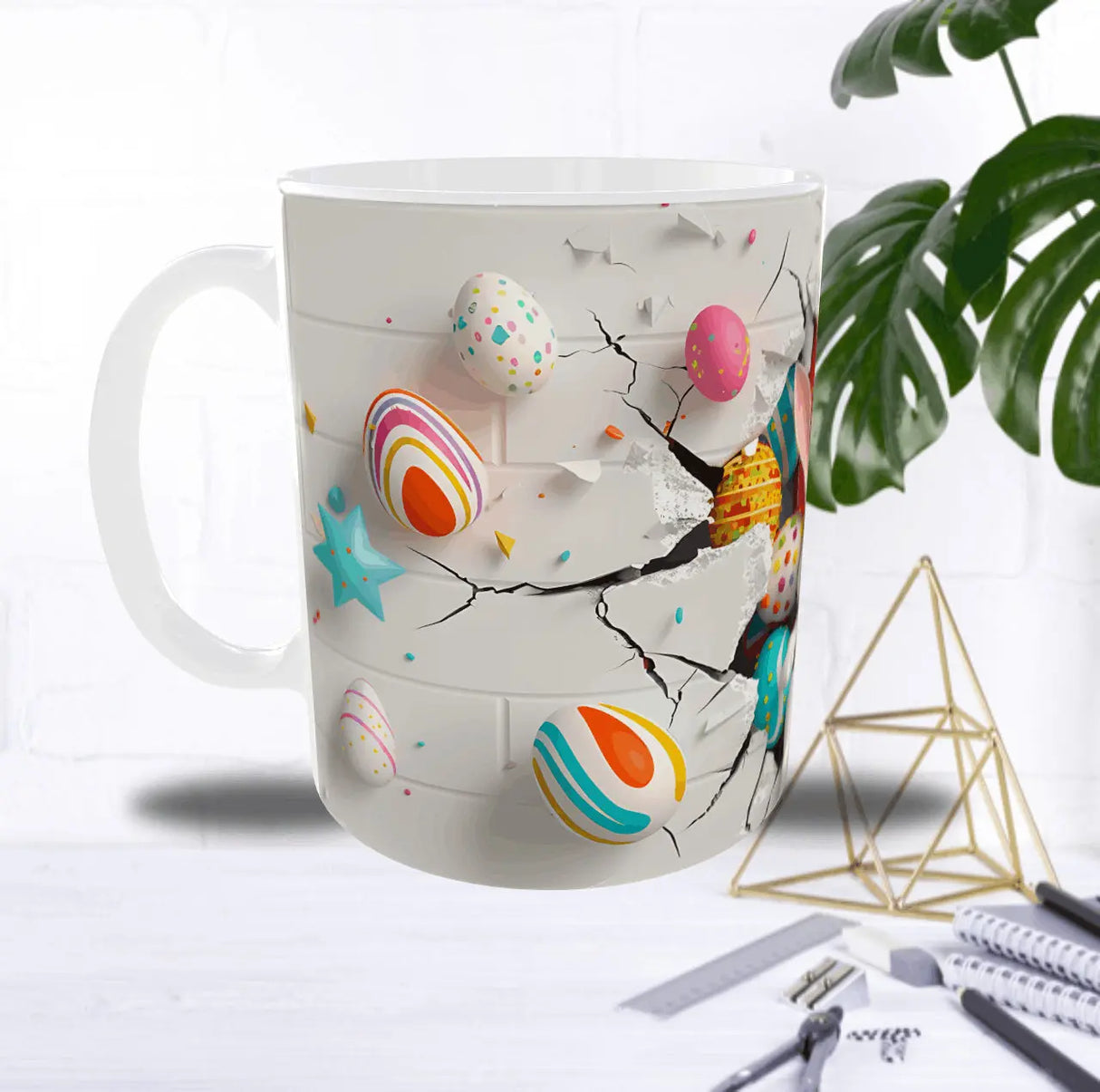 Mug Enfant Lapin de Pâques 3D “Mur Cassé” 11 oz – Œufs Colorés & Étoiles Sublimation Store