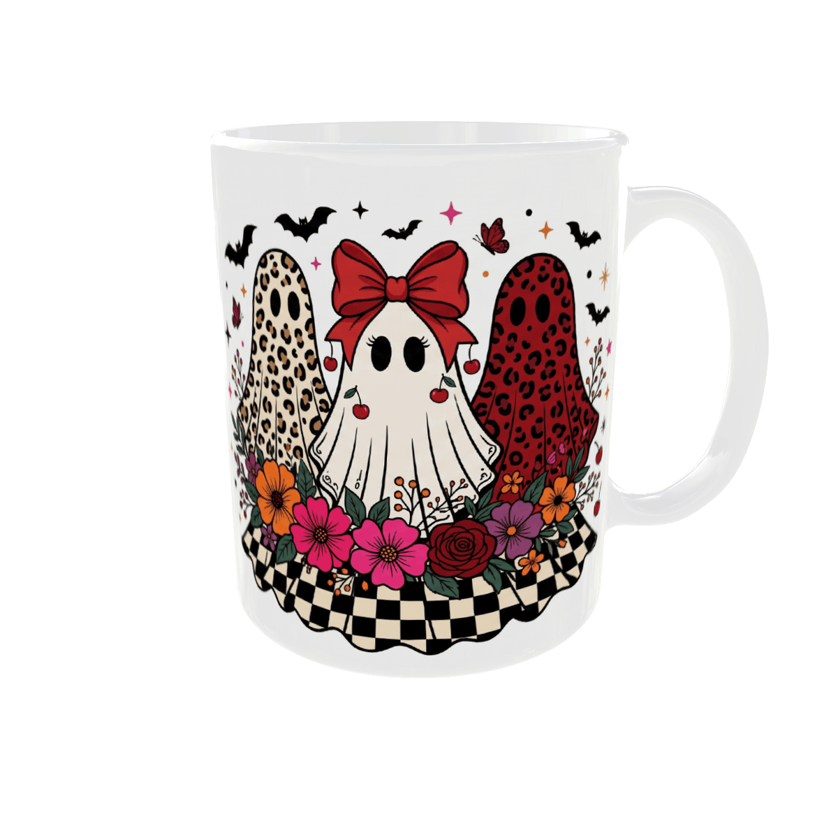Mug fantôme coquette nœud rouge et cerises entre deux fantômes léopard, fleurs et damier, anse à droite