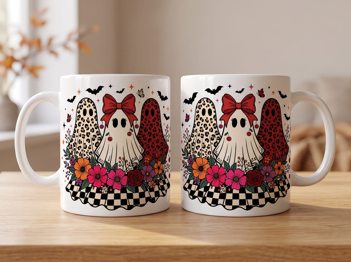 Deux mugs Halloween fantômes léopard, nœud rouge, fleurs et damier rétro posés sur une table en bois, vue recto verso