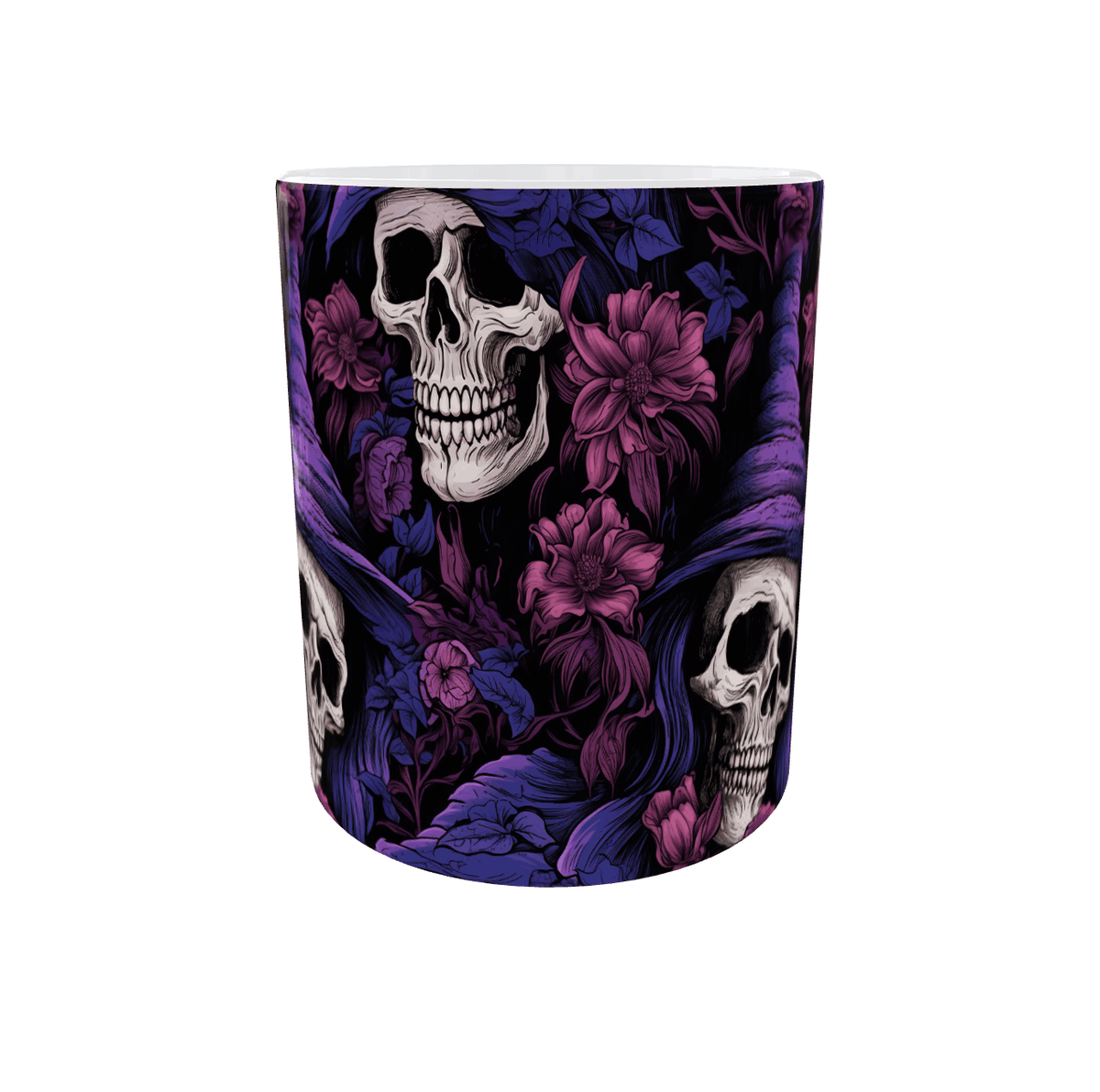 Mug gothique crânes de sorcière et fleurs vu de face, motif violet imprimé sur tout le tour de la céramique