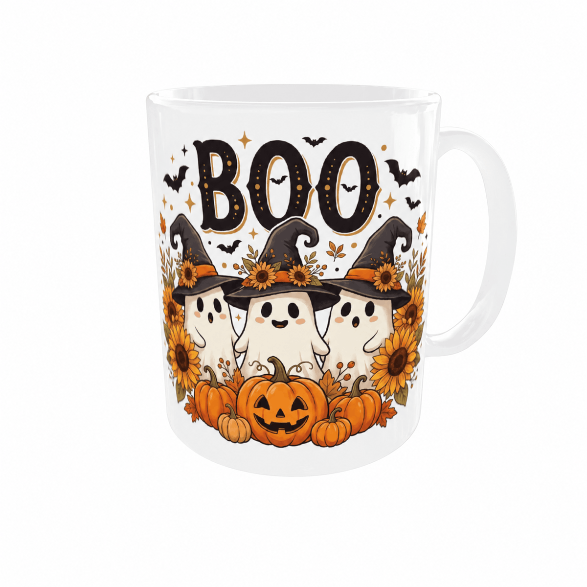 Mug Halloween BOO fantômes citrouilles tournesols, vue droite