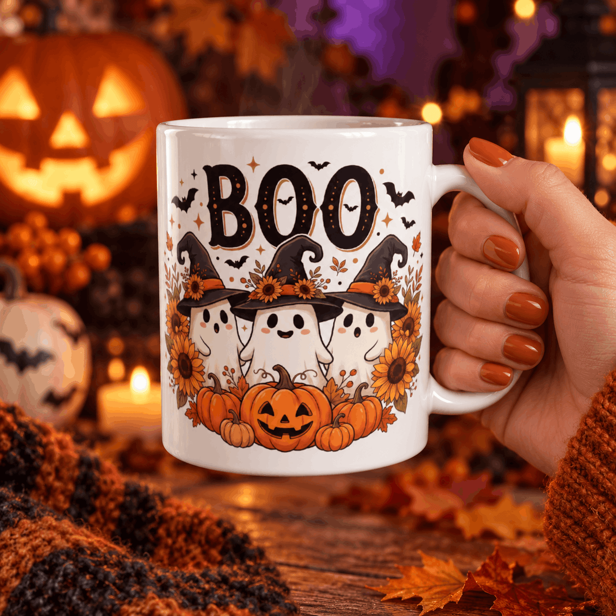 Mug Halloween BOO tenu en main dans décor automnal