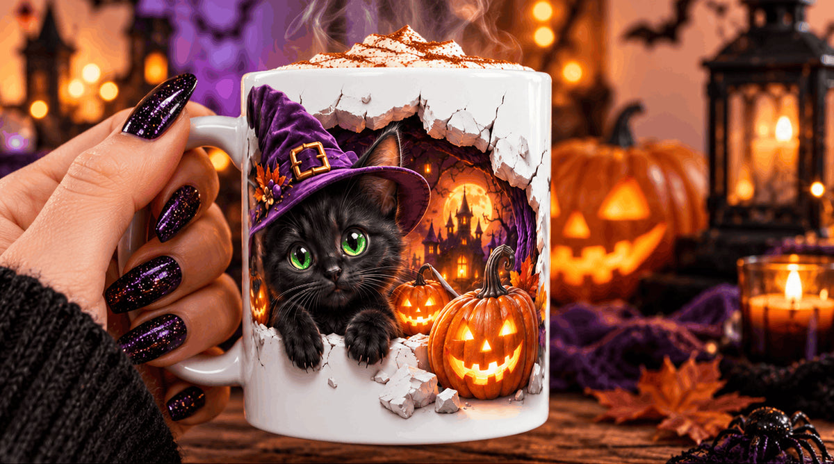 Main tenant le mug Halloween chat noir sorcière rempli de chocolat chaud et de chantilly