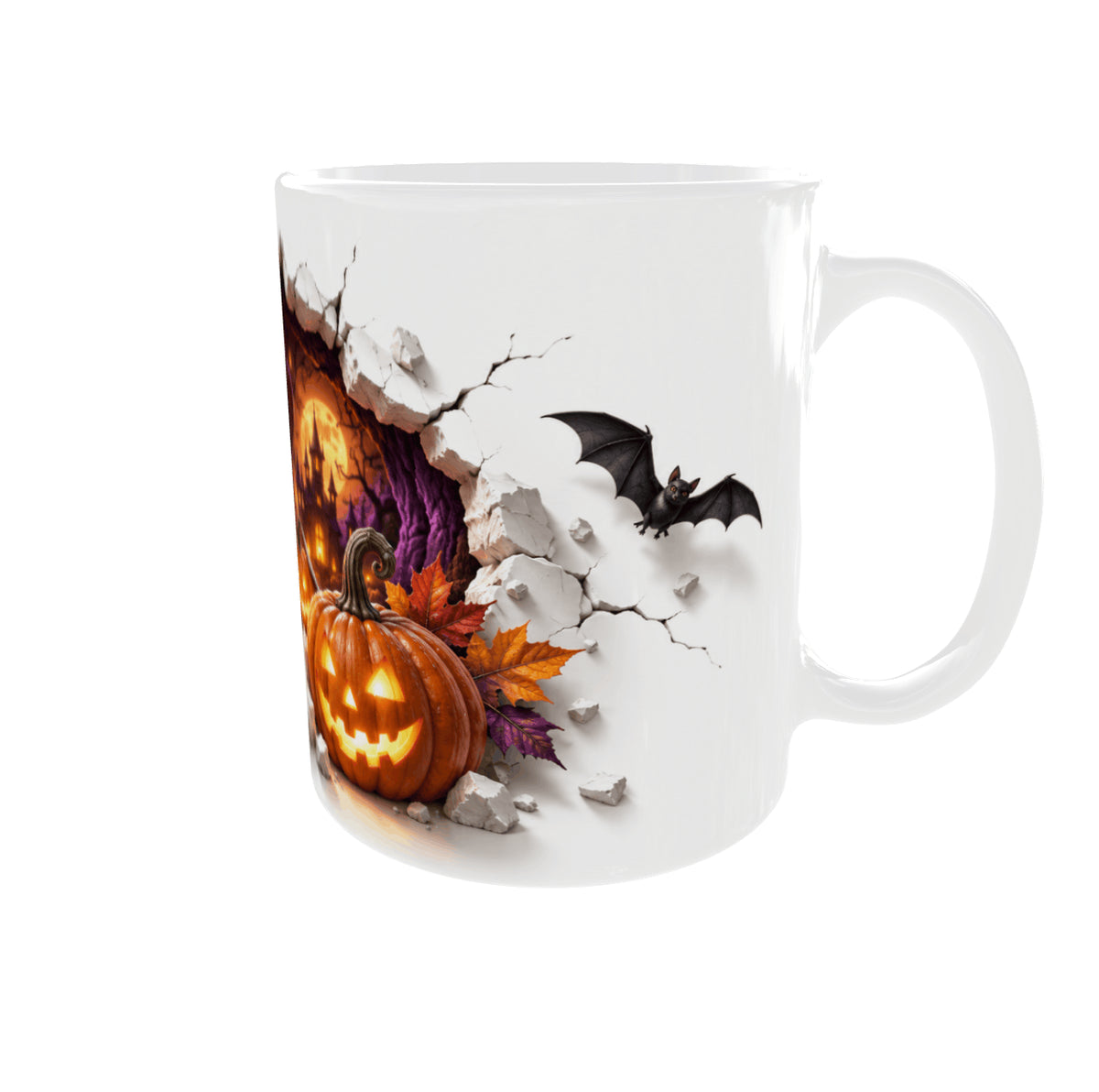 Mug Halloween, vue anse à droite : citrouille illuminée, château hanté et chauve-souris sur mur fissuré 3D