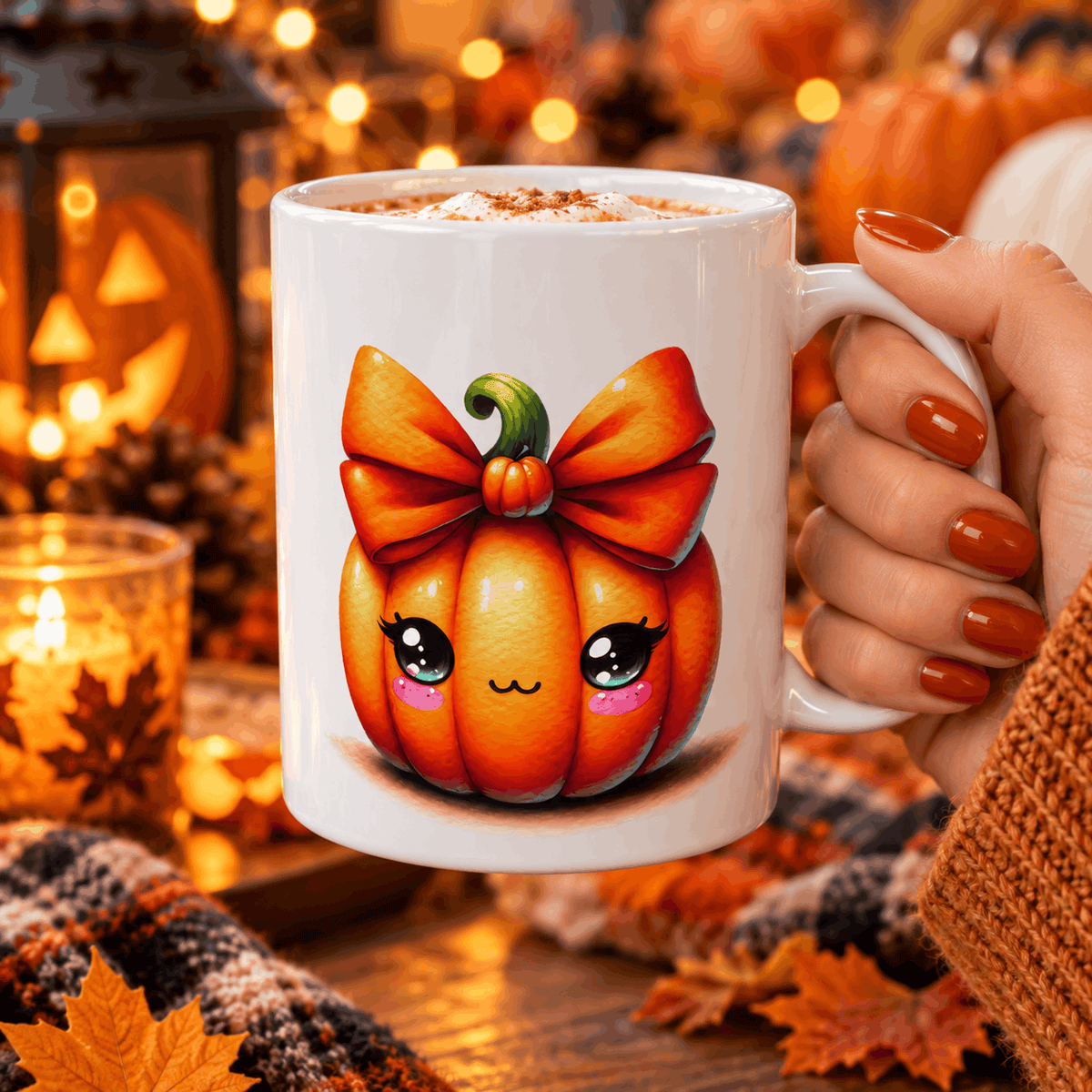 Main tenant le mug citrouille kawaii rempli de chocolat chaud, ambiance cosy d'automne et d'Halloween aux bougies