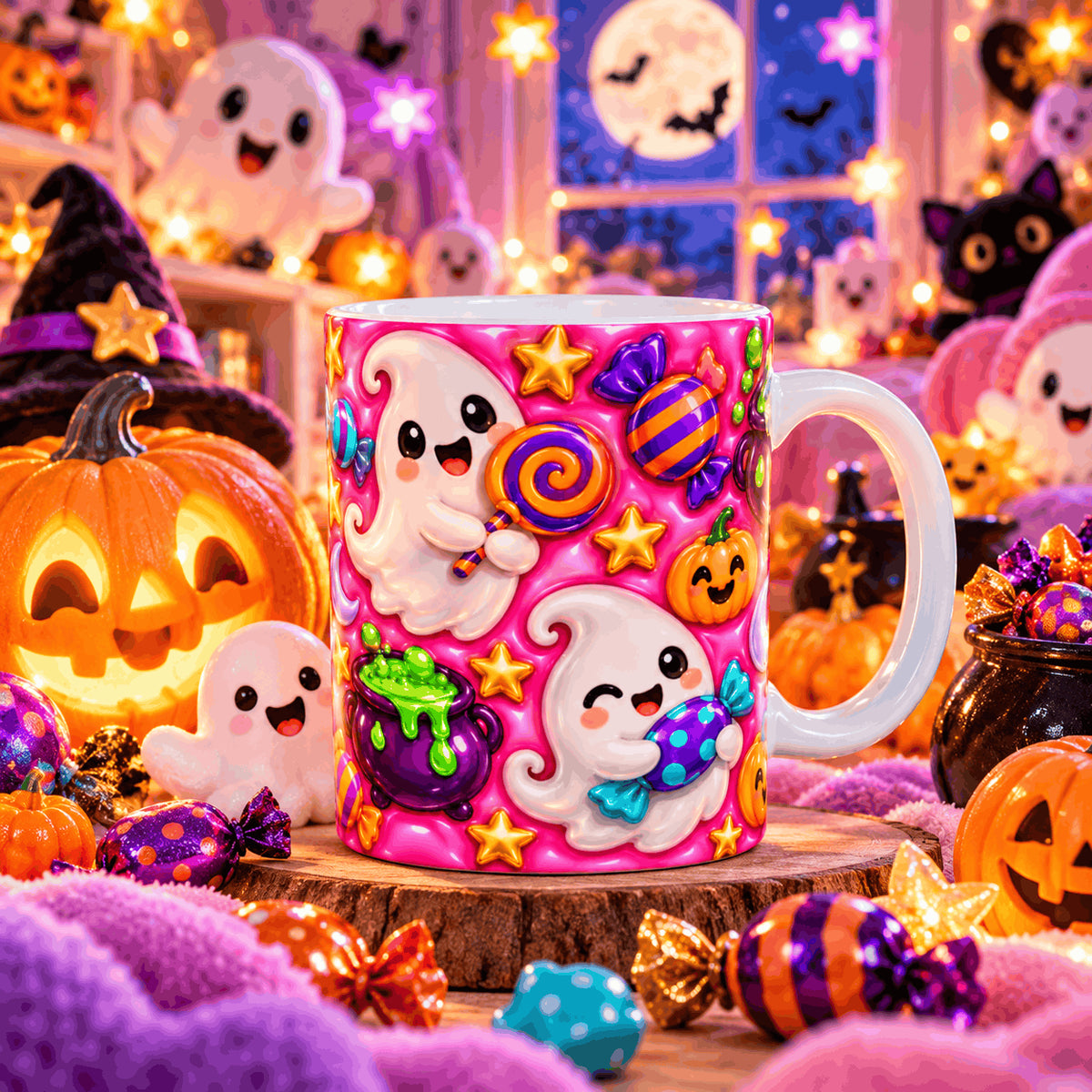 Mug Halloween kawaii posé sur un rondin de bois, entouré de fantômes en peluche, de citrouilles, de bonbons et d’un chapeau de sorcière