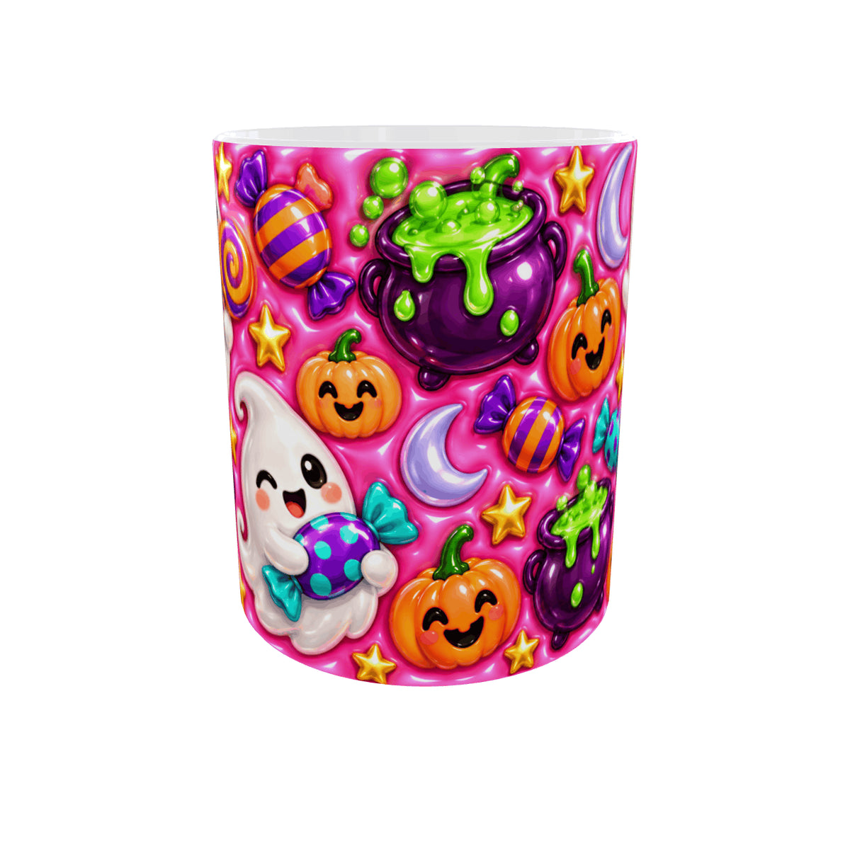 Mug Halloween kawaii vue de face : chaudron de potion verte, citrouilles souriantes, bonbons rayés et fantôme sur fond rose