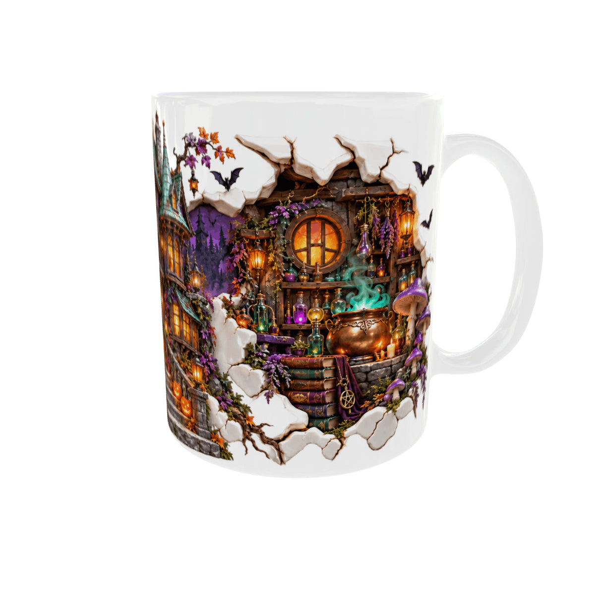 Mug Halloween, vue anse à droite : laboratoire de potions avec chaudron fumant, livres de magie et champignons violets sur mur fissuré 3D