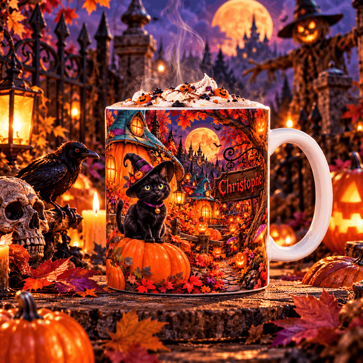 Mug Halloween Personnalisé Prénom – Chat Noir Sorcière, Village de Citrouilles et Pleine Lune 11 oz – photo 3