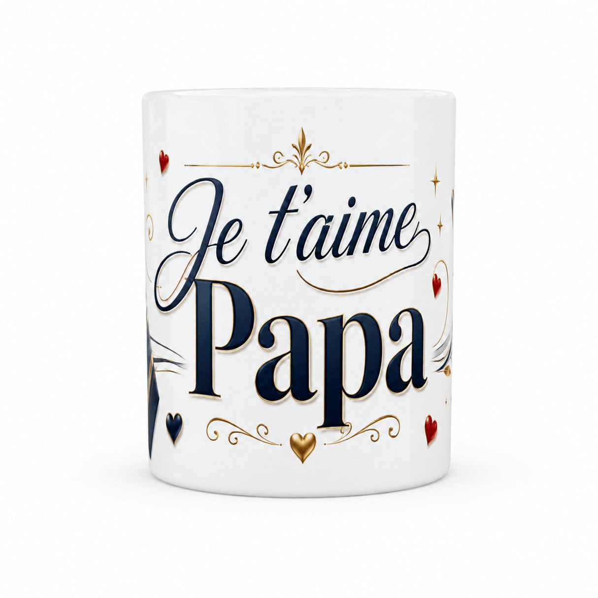 Mug Je t'aime Papa face – typographie marine et or, cœurs, arabesques dorées