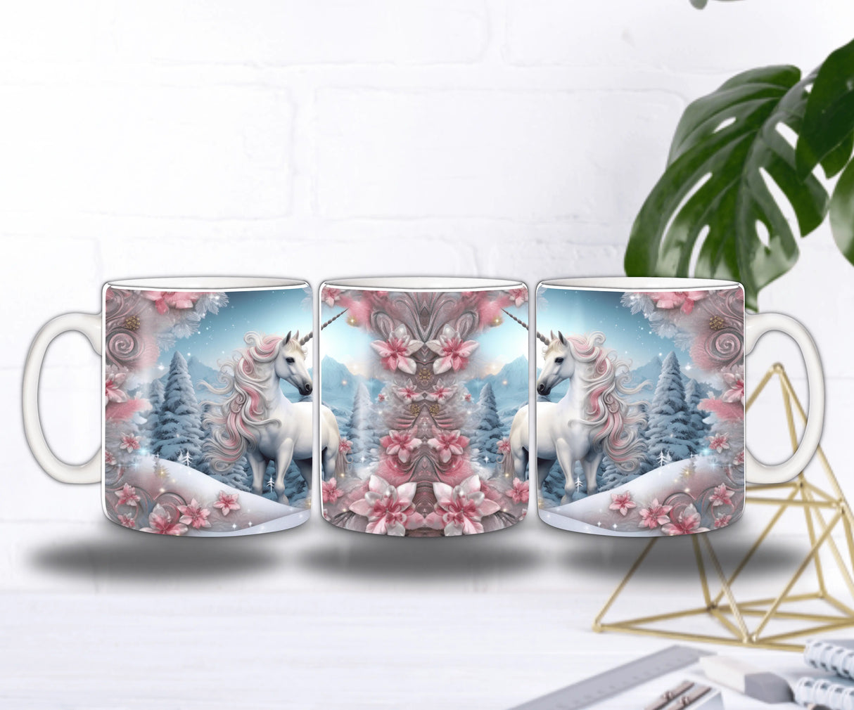 Mug Licorne Hivernale – Sublimation Paysage Enneigé & Fleurs Roses (11oz) Sublimation Store