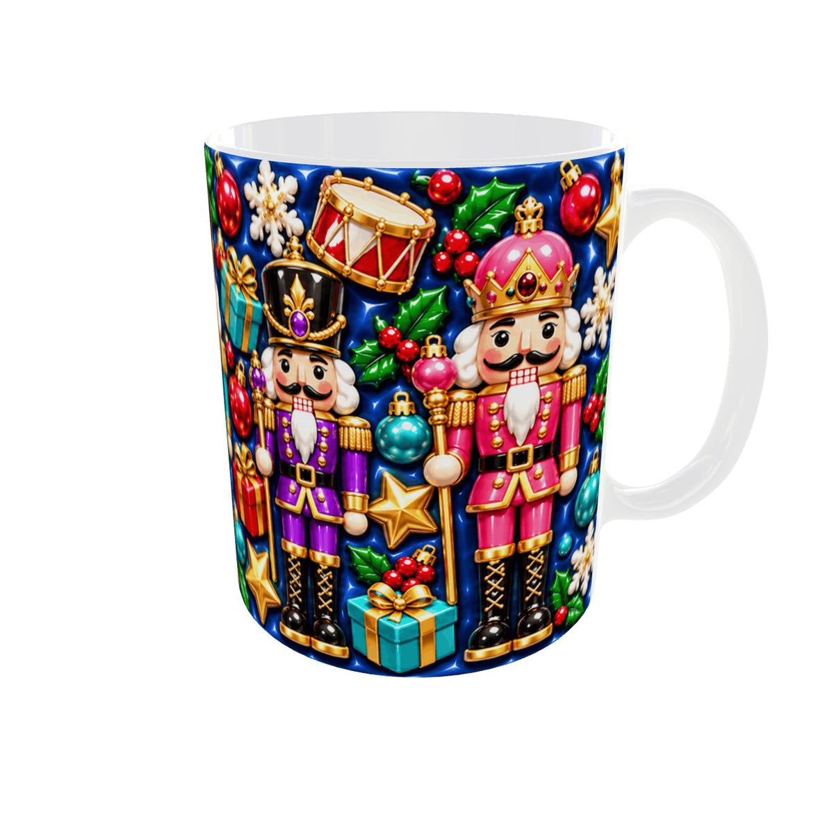 Mug de Noël casse-noisettes violet et rose avec couronne, tambour et cadeaux, vue anse à droite