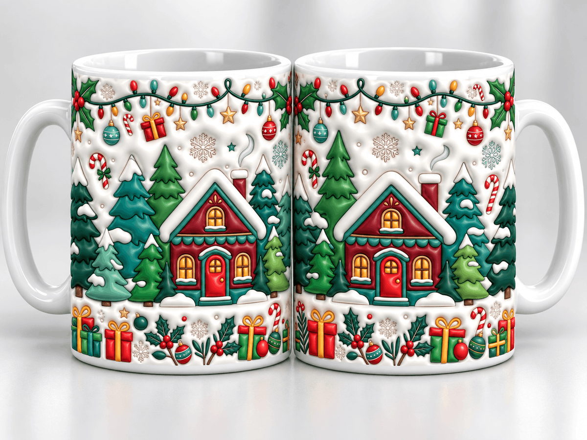 Deux vues du mug de Noël chalet rouge sous la neige, forêt de sapins, houx et cadeaux en effet 3D matelassé recto verso