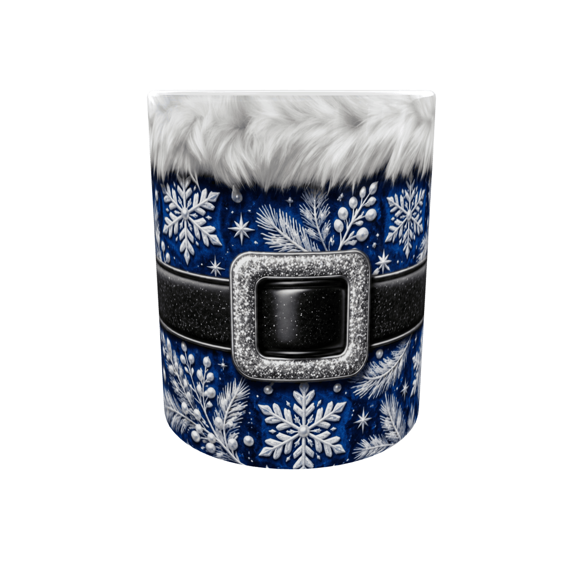 Mug de Noël bleu et argent en céramique, costume du Père Noël avec fourrure blanche, flocons et boucle argentée