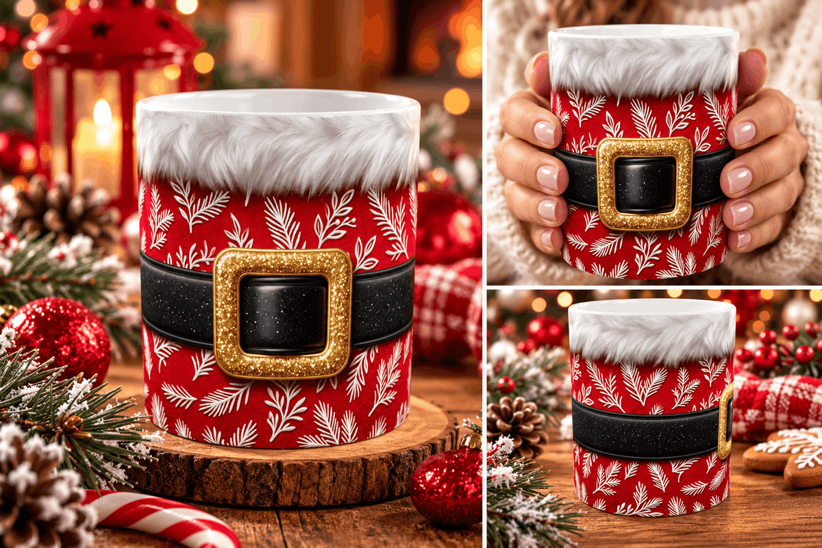 Trois mises en situation du mug costume du Père Noël : sur rondin de bois, tenu à deux mains et sur table de Noël