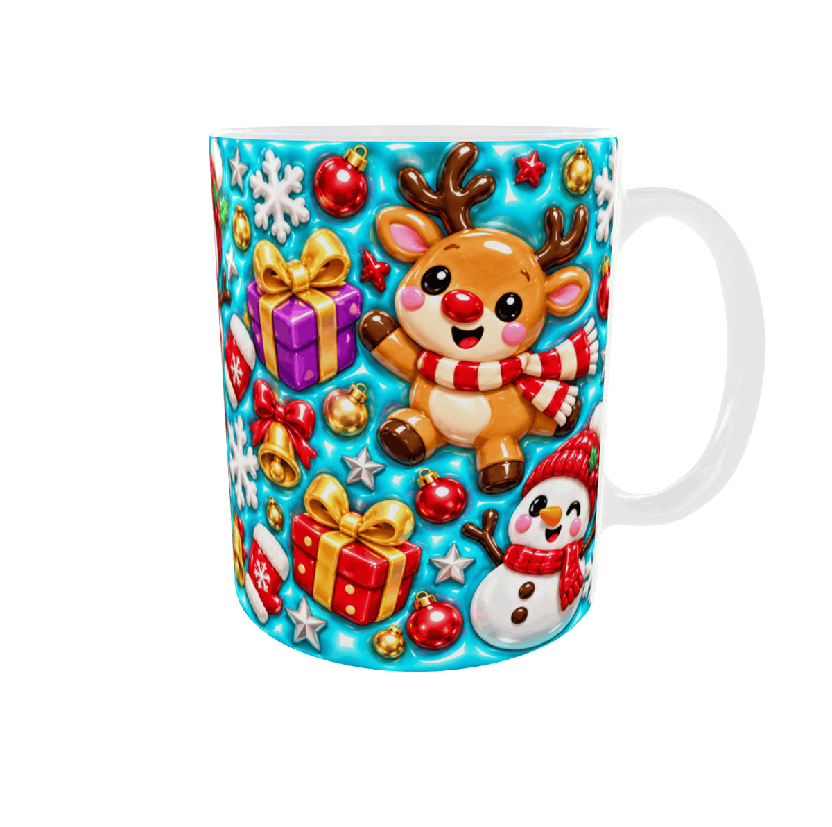 Mug de Noël kawaii vue anse à droite : renne souriant, cadeaux violets et rouges, clochettes et bonhomme de neige au bonnet rouge