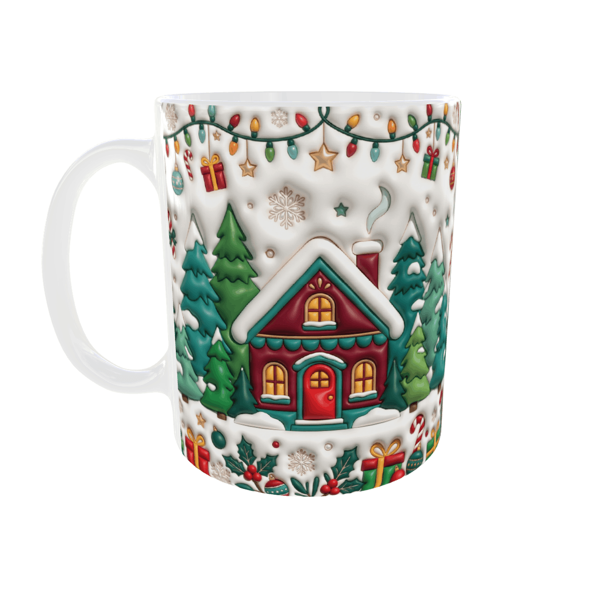 Mug de Noël maison sous la neige, guirlande lumineuse et cadeaux effet 3D matelassé, mug céramique 11 oz, anse à gauche