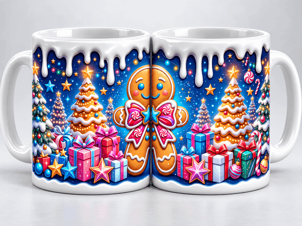 Deux vues du mug de Noël pain d'épices : bonhomme au nœud rose, sapins en biscuit glacé et cadeaux colorés recto verso