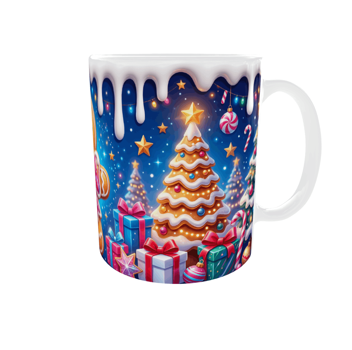 Mug de Noël sapin en pain d'épices, cadeaux, sucres d'orge et guirlandes lumineuses, mug céramique 11 oz, anse à droite