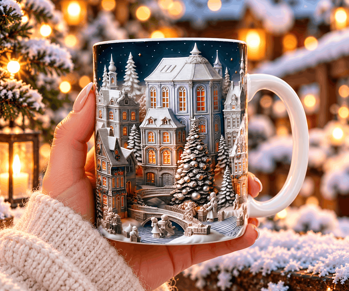 Mug de Noël village enneigé tenu en main, manche de pull crème, lumières de Noël et sapin enneigé en arrière-plan