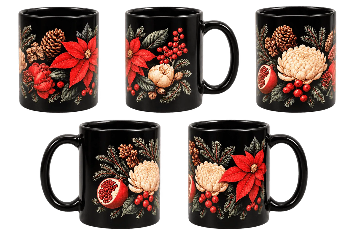 mug noir noel poinsettia rouge pommes de pin baies et grenade, 5 vues du decor floral sur tout le tour