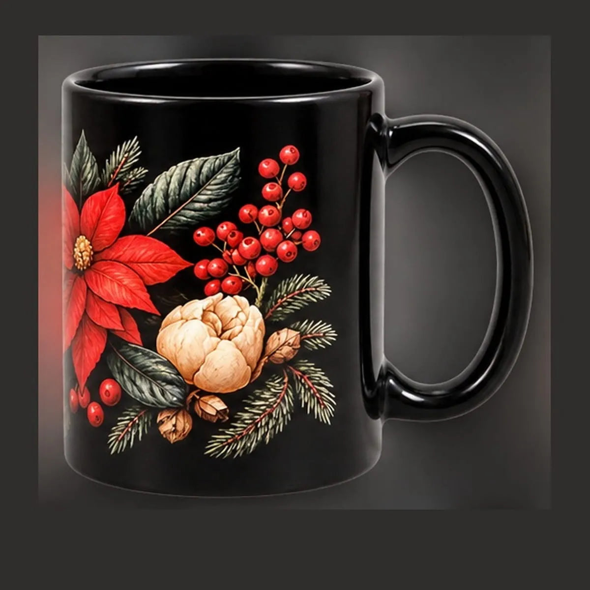 mug noir noel poinsettia rouge et baies vue anse droite