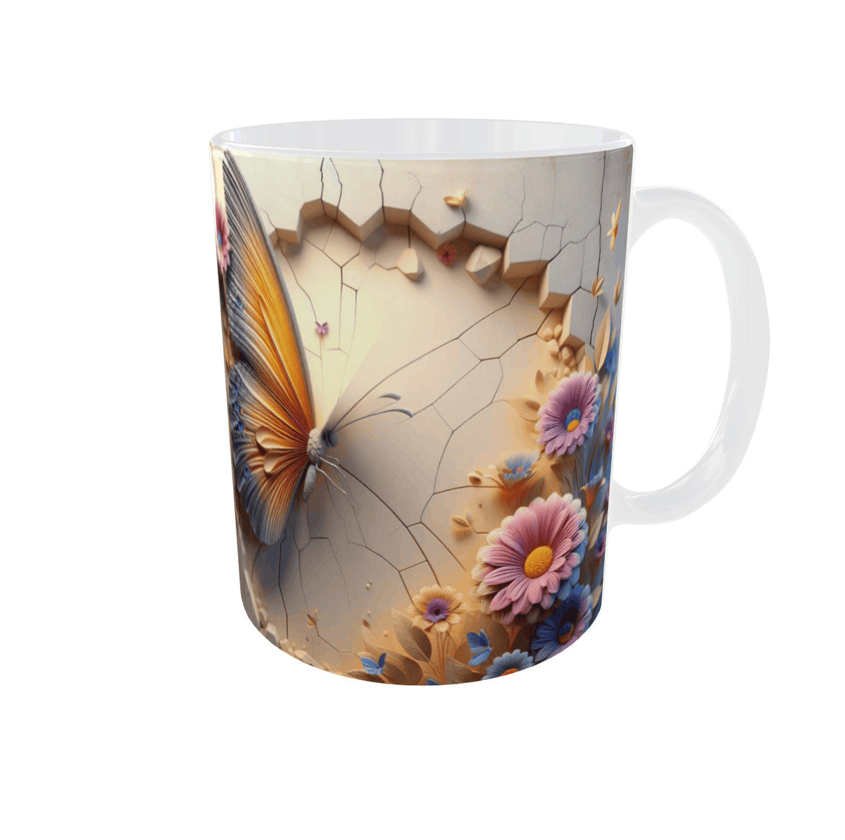 Mug papillon 3D vu côté anse droite : papillon aux ailes orangées sur mur fissuré et marguerites roses et bleues