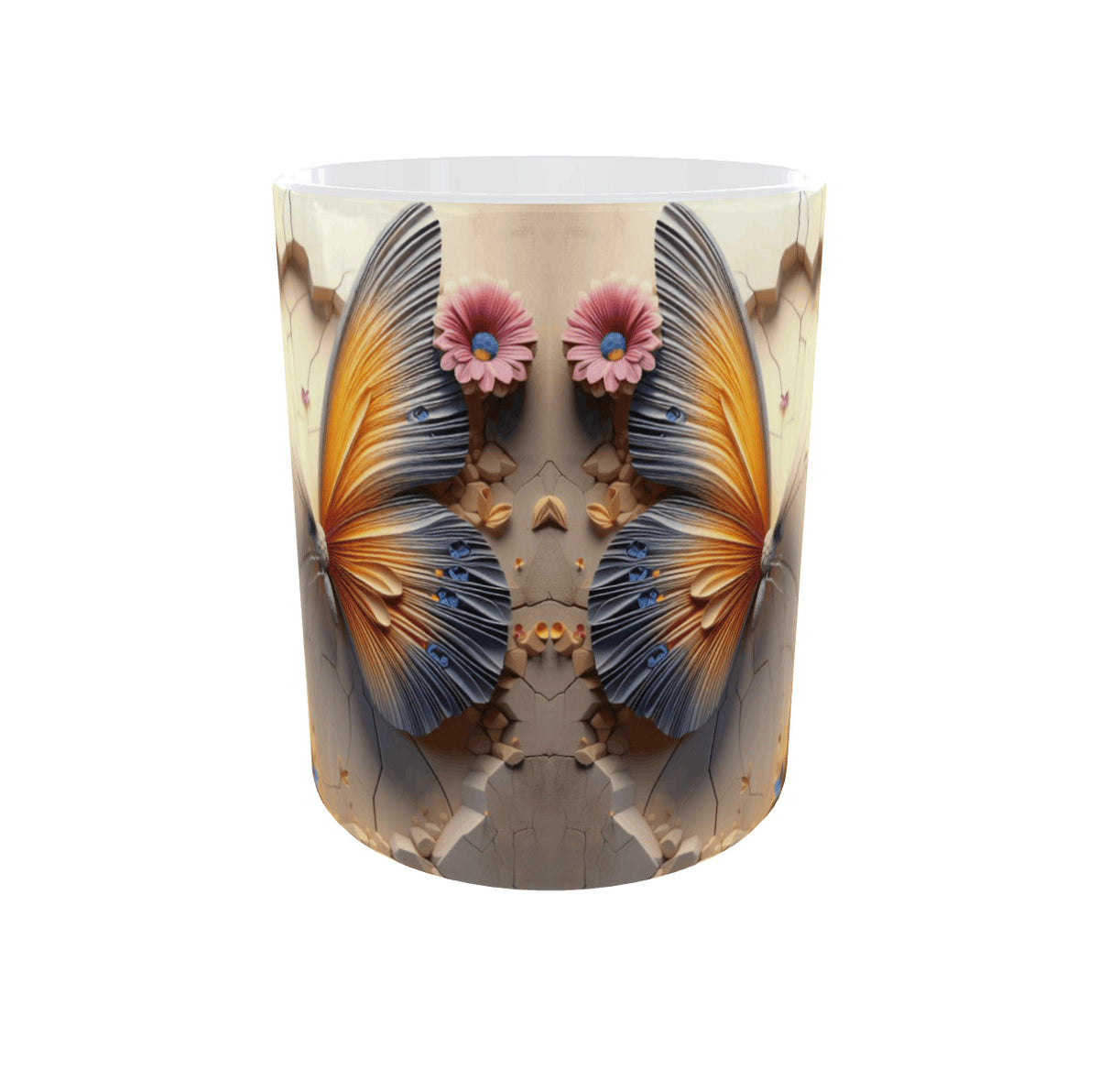 Vue arrière du mug papillon : deux papillons ailes face à face et fleurs roses symétriques