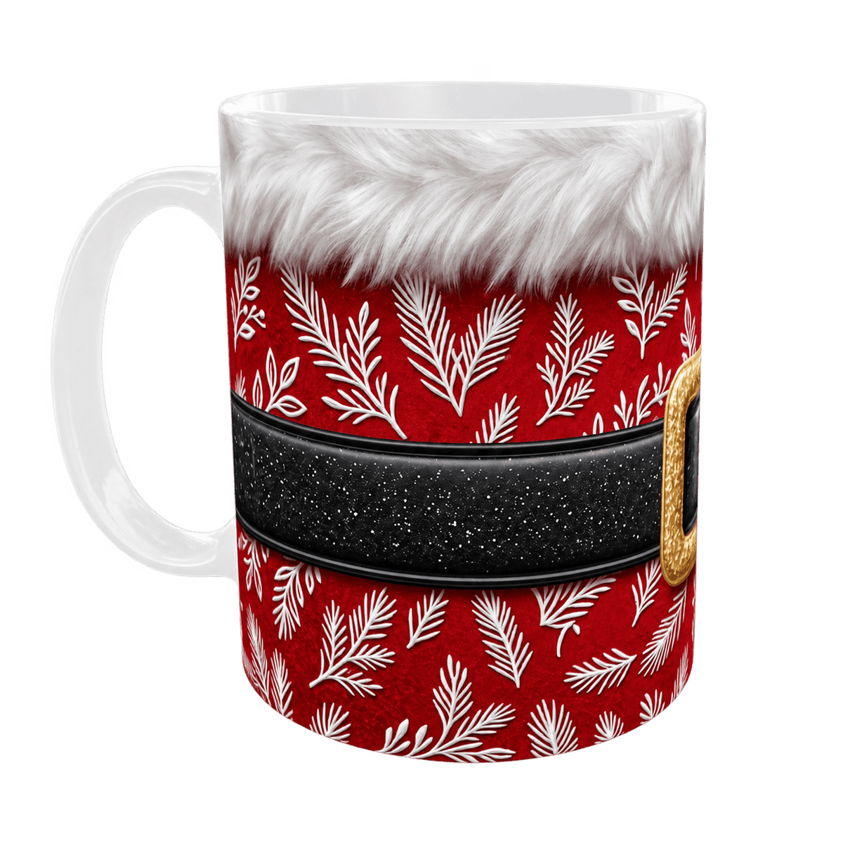 Mug Père Noël velours rouge à branches de sapin blanches et ceinturon noir, mug céramique 11 oz, anse à gauche