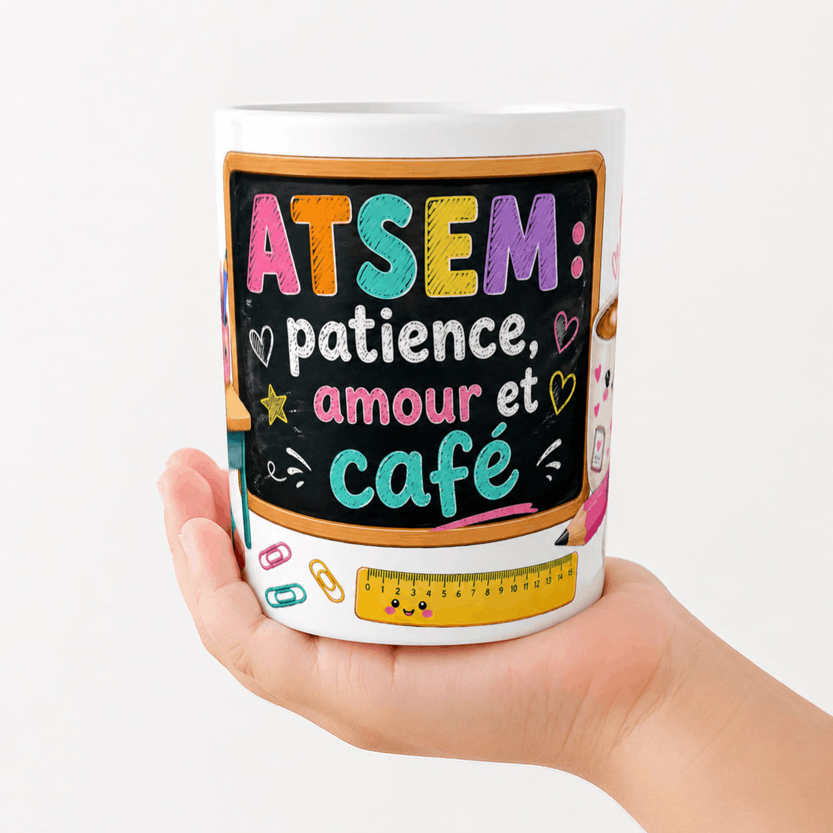 Mug personnalisé prénom ATSEM tenu en main – céramique 11 oz