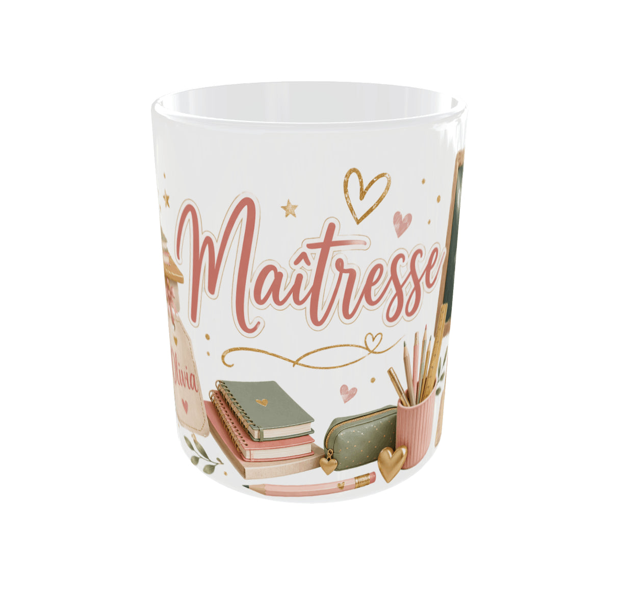 Mug personnalisé maîtresse face principale, calligraphie rose dorée sur céramique blanche