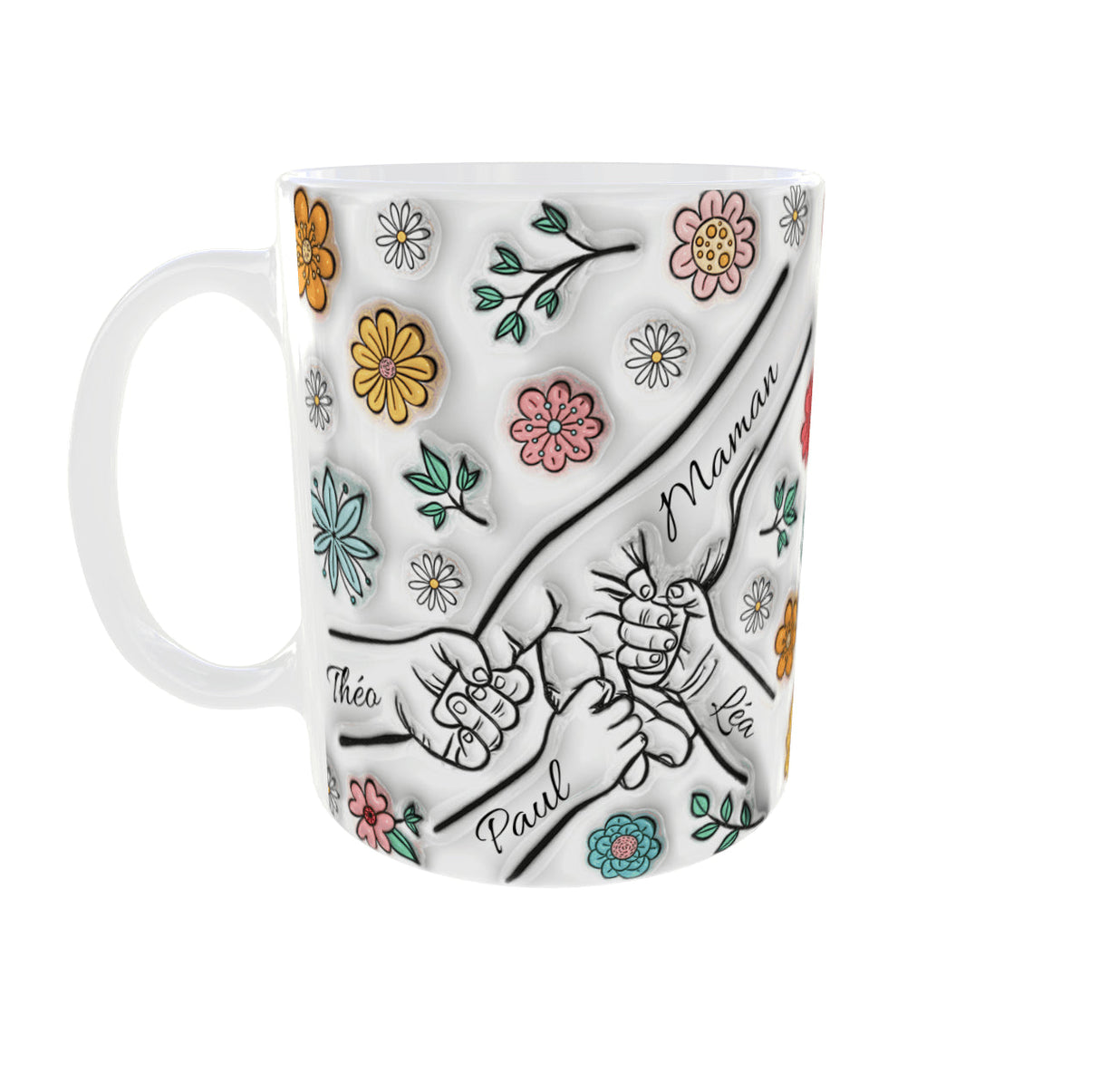Mug personnalisé Papa/Maman/Papi/Mamie + 3 prénoms – Mains & fleurs (sublimation HD) Sublimation Store