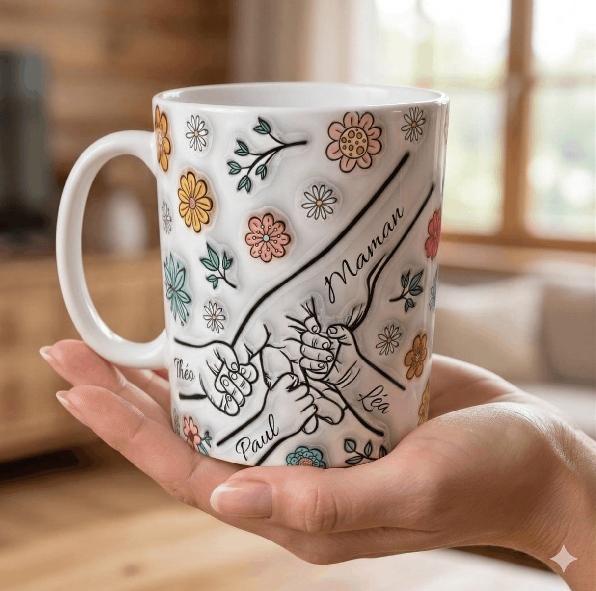 Mug personnalisé Papa Maman 3 prénoms – Mains & fleurs (11 oz / 325 ml) Sublimation Store