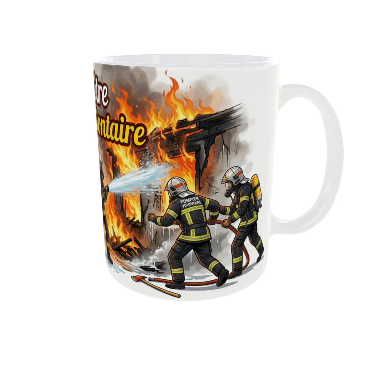 Mug pompier volontaire anse à droite avec pompiers en action et flammes