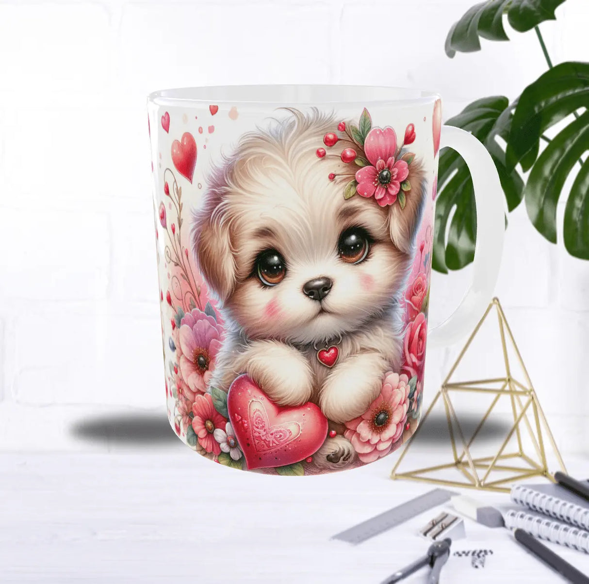 Mug Saint-Valentin Chien & Cœurs – Chiot Fleuri Romantique (Sublimation) Sublimation Store