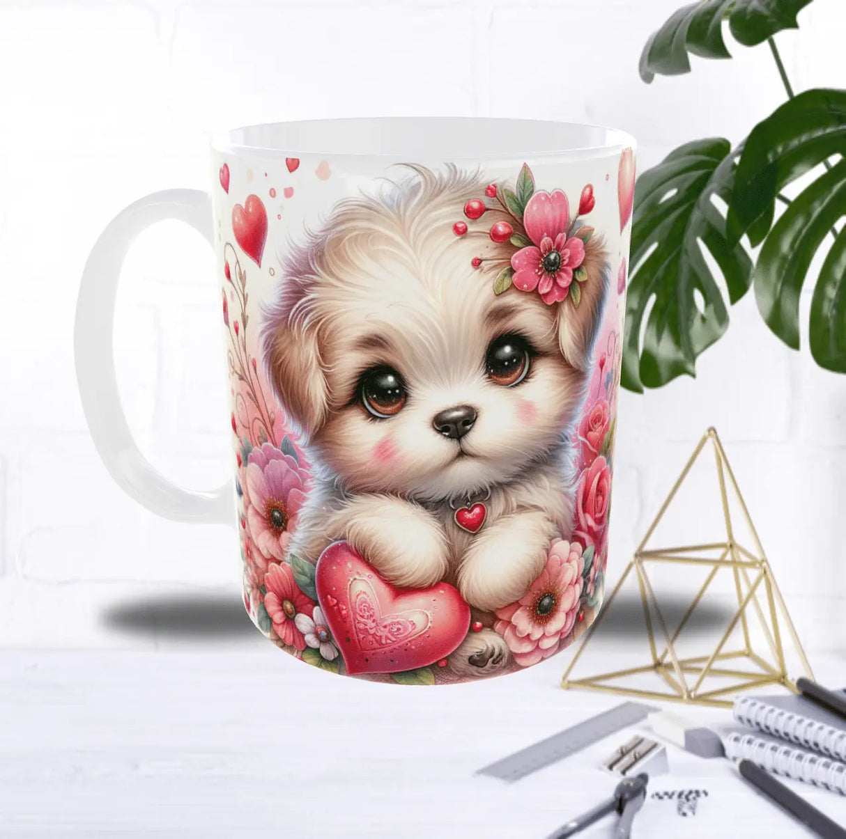 Mug Saint-Valentin Chien & Cœurs – Chiot Fleuri Romantique (Sublimation) Sublimation Store