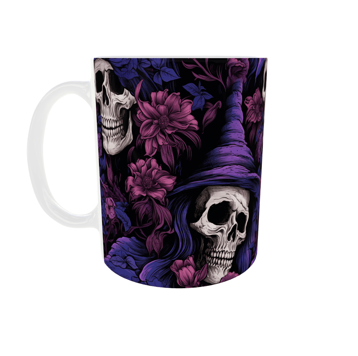 Mug têtes de mort sorcières et fleurs nocturnes violettes, style gravure gothique, mug céramique 11 oz, anse à gauche